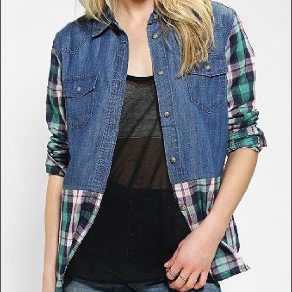 BDG plaid chambray button up shirt